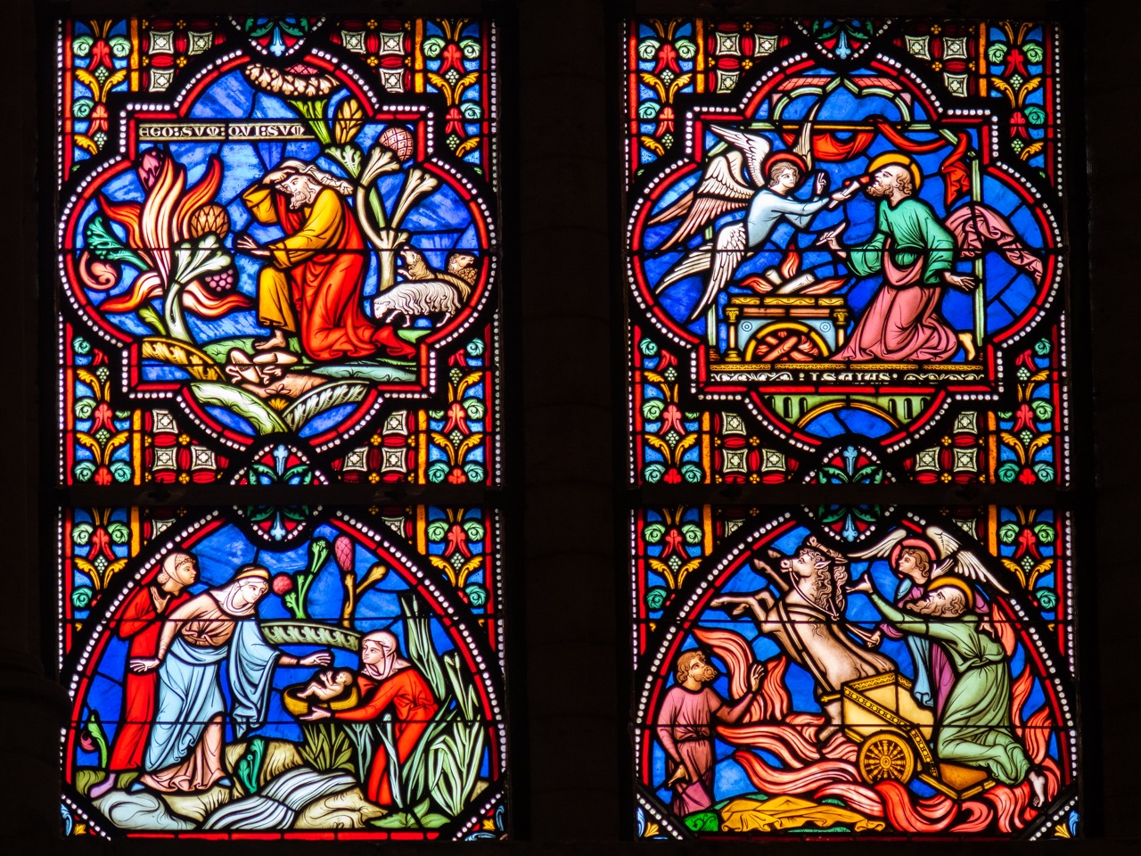 Fenster mit alttestamentlichen Szenen, u. a. das Leben des Mose (J. B. Capronnier, 1879)