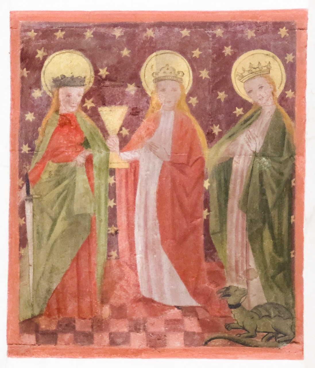 Wandbild der heiligen Jungfrauen Katharina, Barbara und Margaretha (genannt „die drei heiligen Madla“; 2. Hälfte 15. Jh.)