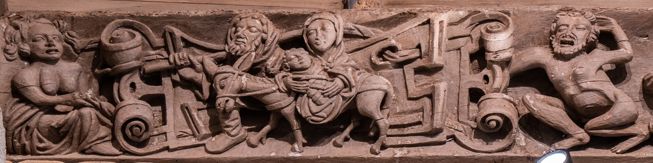Dachbalken mit Darstellung der Flucht nach Ägypten (16. Jh.)
