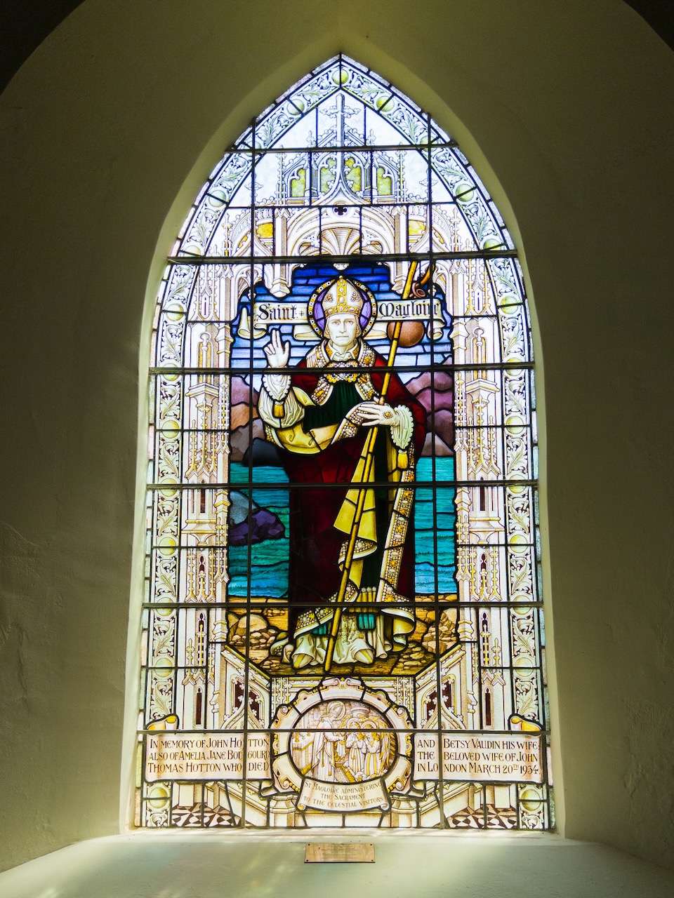 Stained-glass window showing St Magloire, the patron saint of Sark (1934)