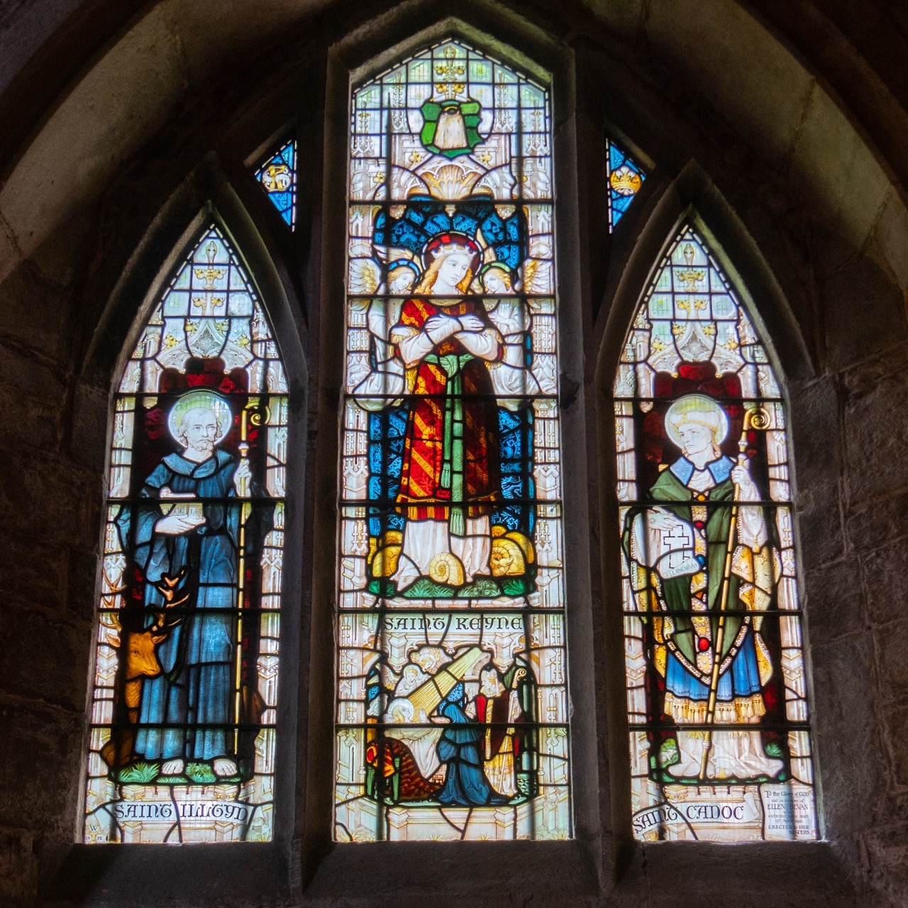 Stained glass window in the St Keyne’s Chapel showing the Welsh saints Illtyd, Keyne and Cadoc