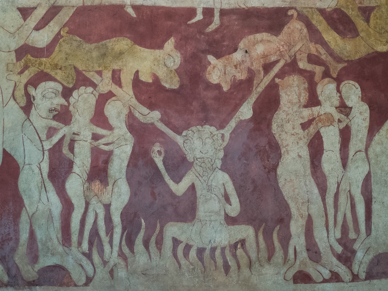 Wall painting “Ladder of Salvation of the Human Soul” (c. 1170): The Usurer, symbolising avarice; to the right envy is represented, to the left lust