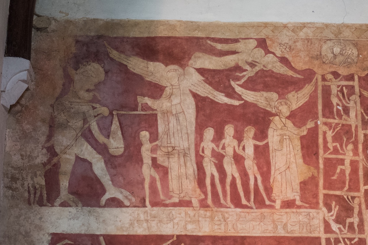 Wall painting “Ladder of Salvation of the Human Soul” (c. 1170): The archangel Michael and the three Marys