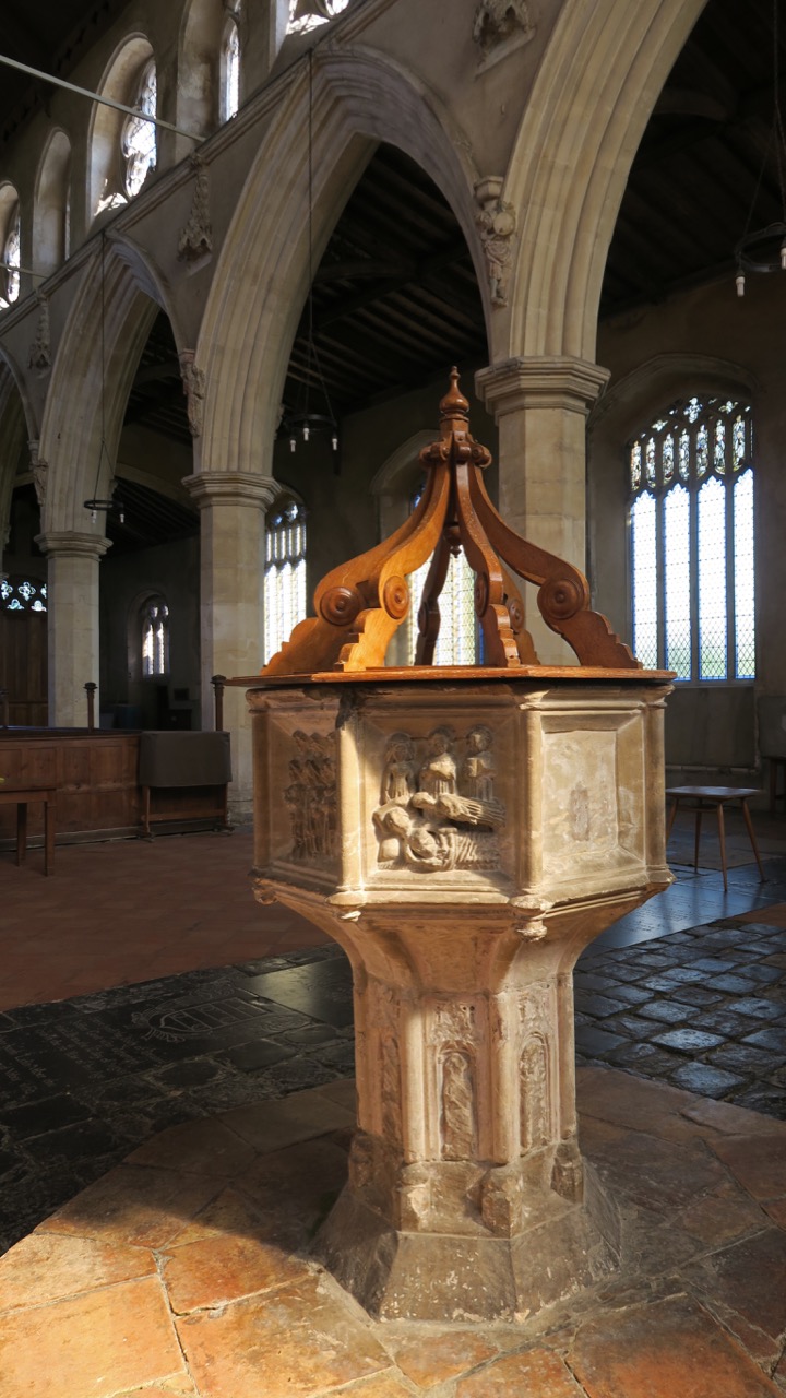 Octagonal font (c. 1460), panel showing the sacrament of the Extreme Unction
