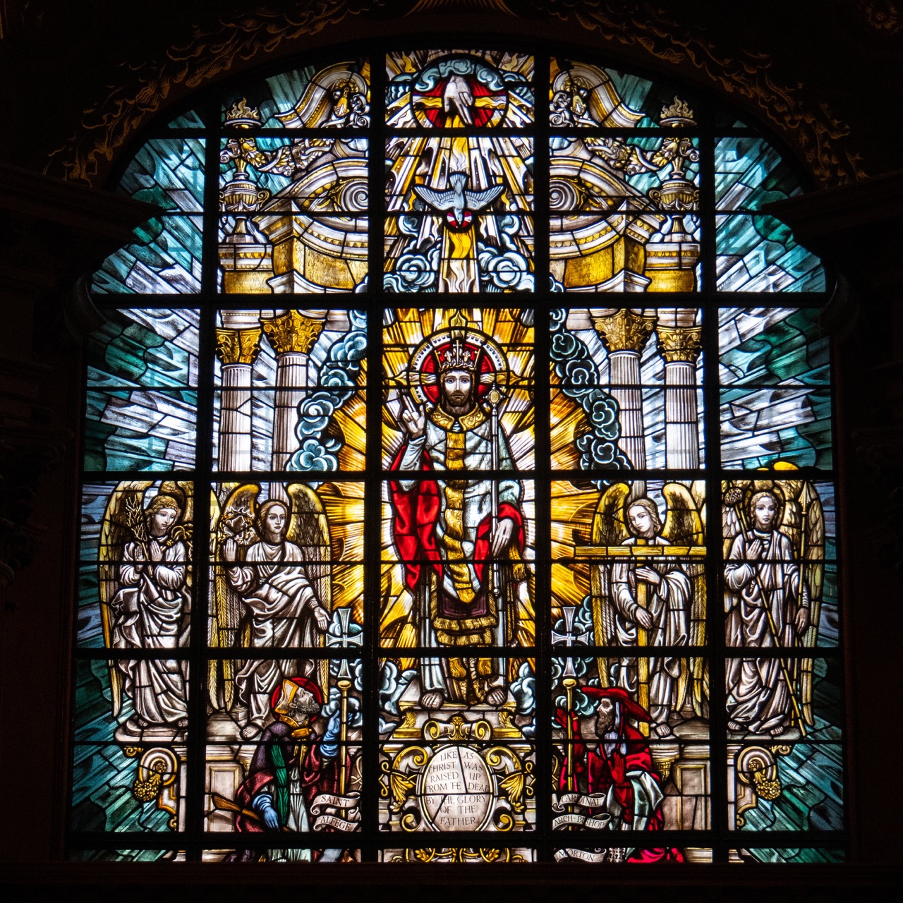 Stained glass window showing the risen Christ (1953)