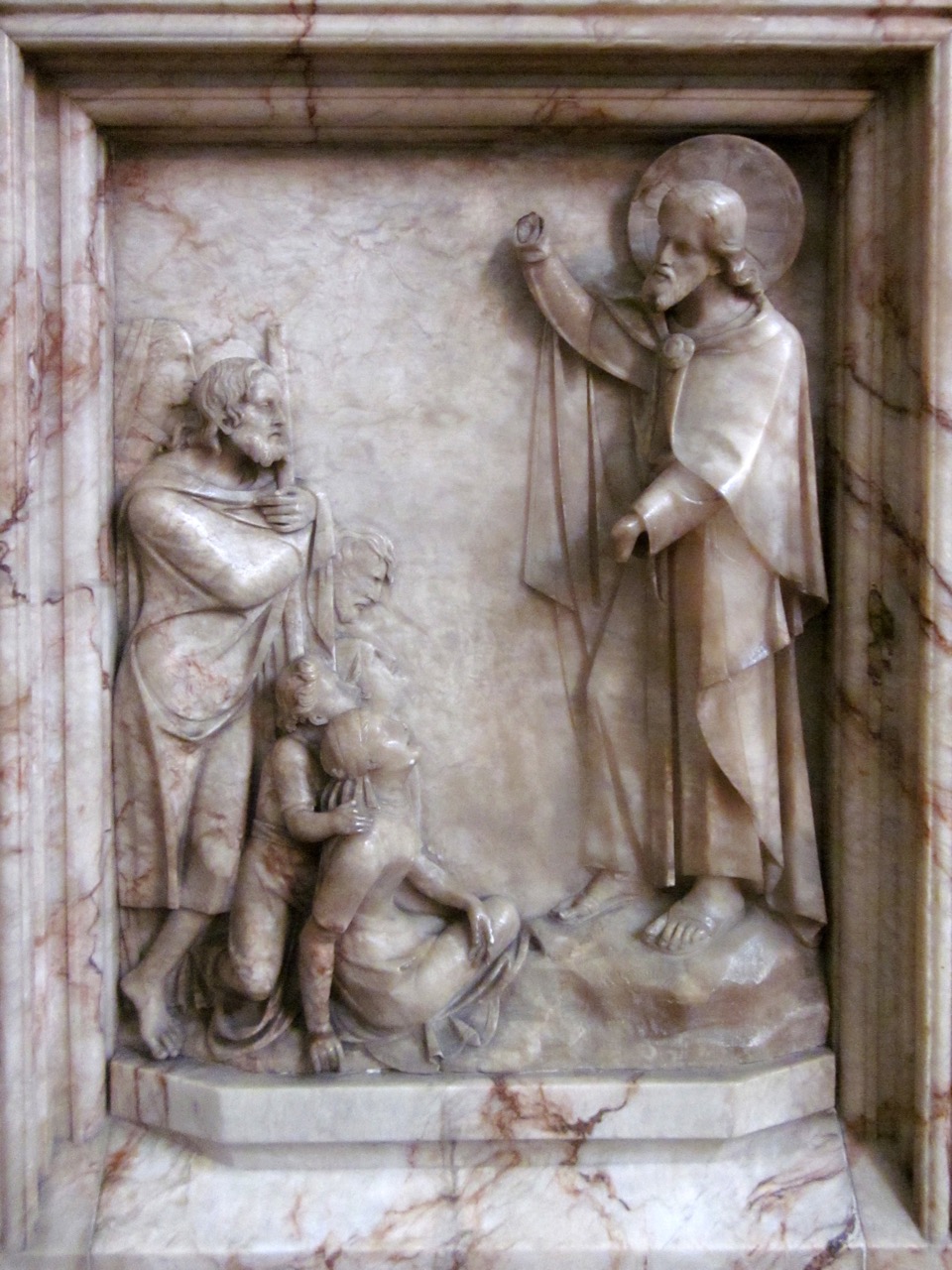 Alabasterrelief „Krankenheilung“ an der Kanzel (P. C. Hardwick, 1864)