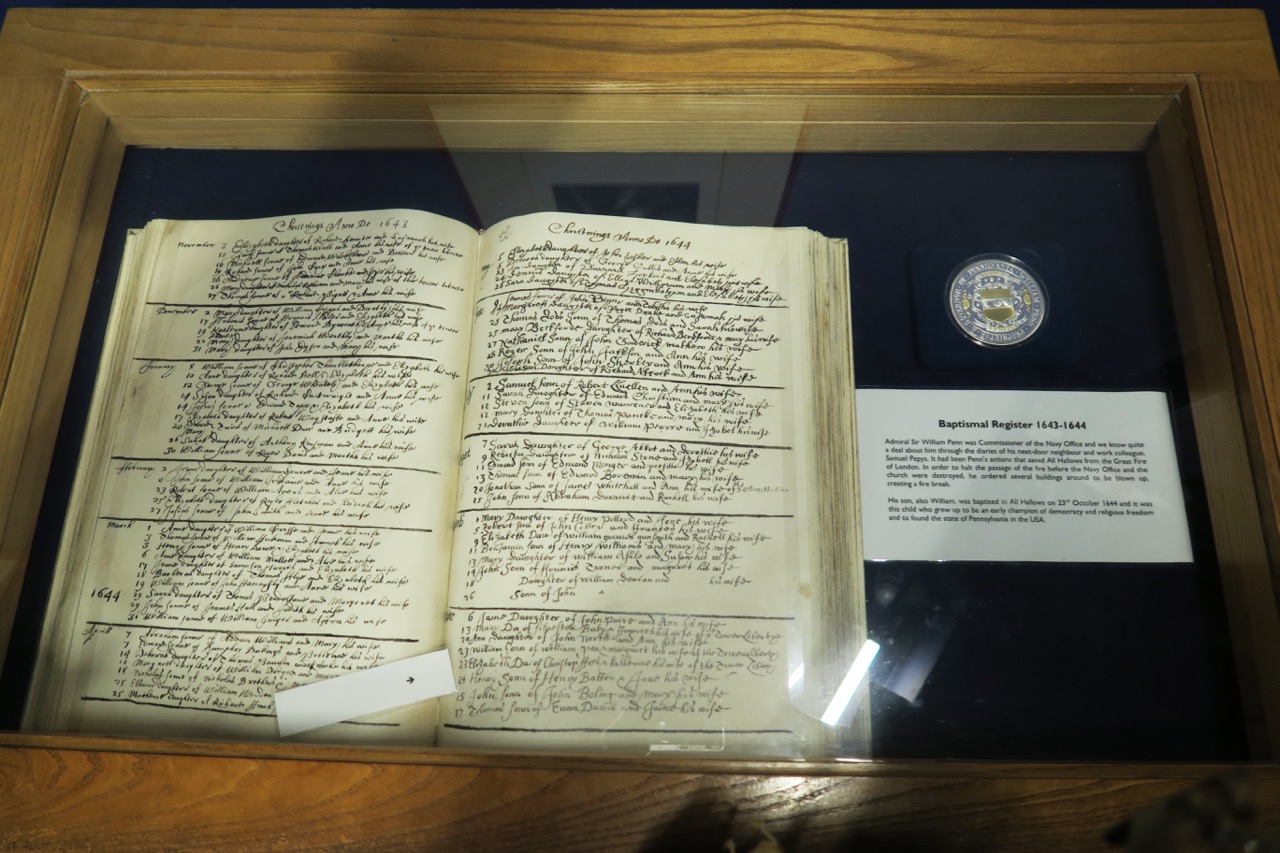Baptismal register with an entry for William Penn Jr (founder of the US state of Pennsylvania)