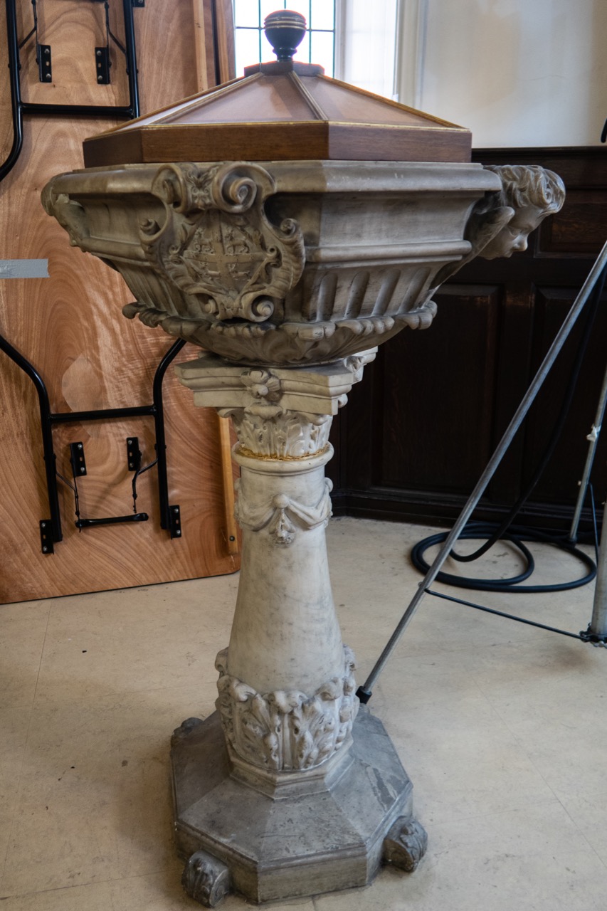 Font (bowl late 17th c., originally in St Mary Magdalen, Fish Street, by way of St Paul’s Cathedral; baluster 1902, cover by David Nye, c. 1960)