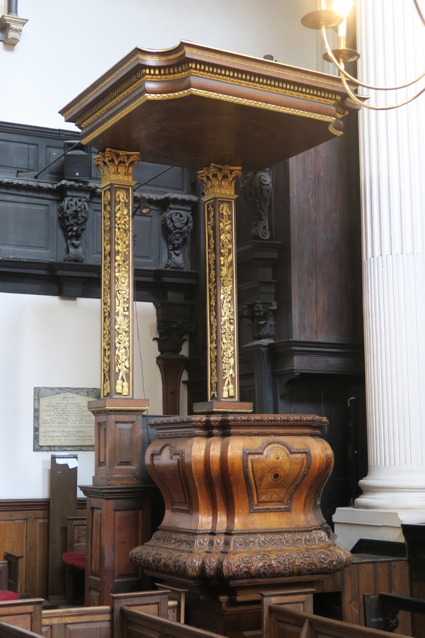 Hölzerne Kanzel (Thomas Darby und Gervase Smith, 1727; Einlegearbeiten Gabriel Appleby)