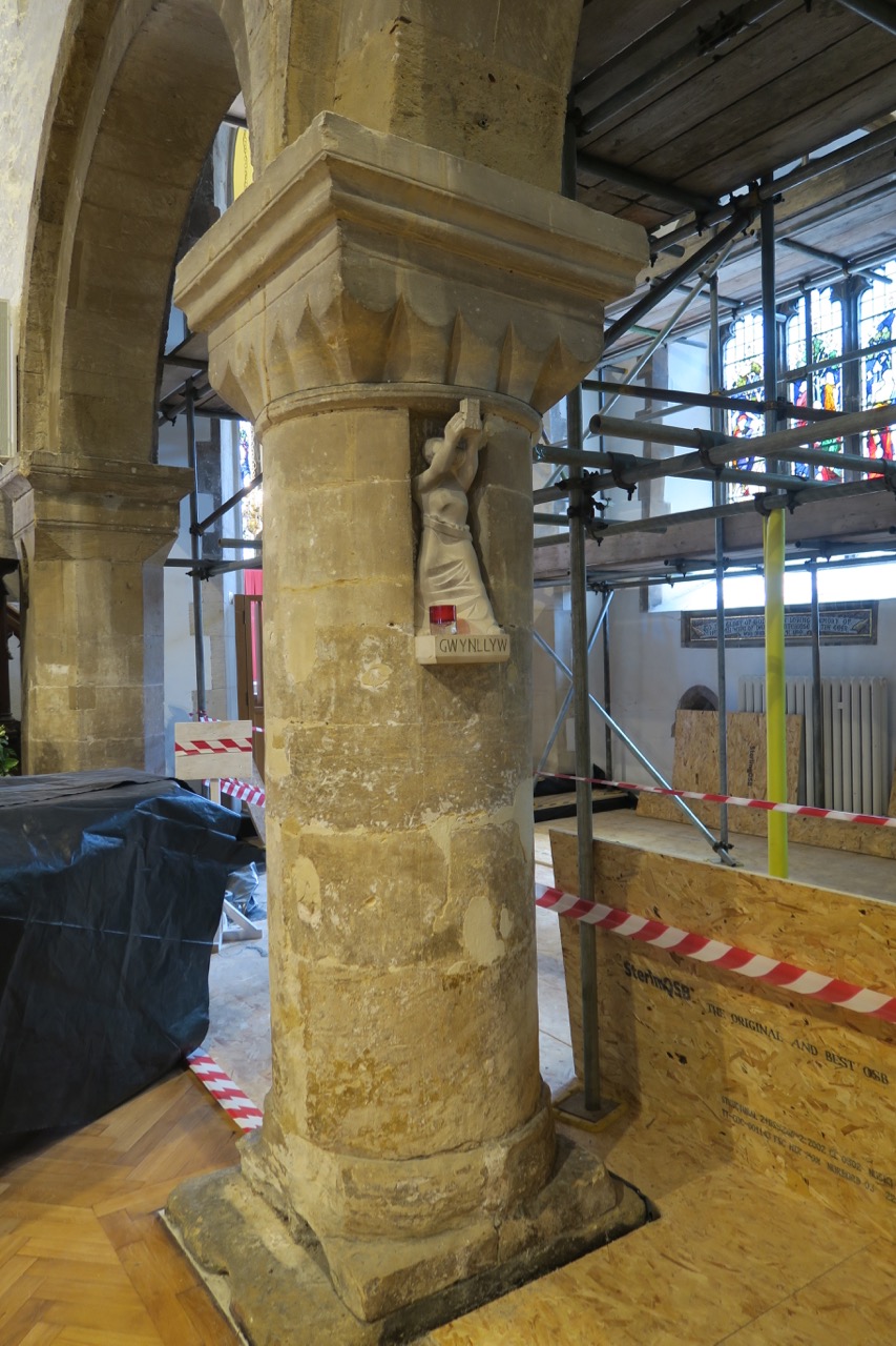 Pillar between nave and south aisle with statue of St Gwynllyw