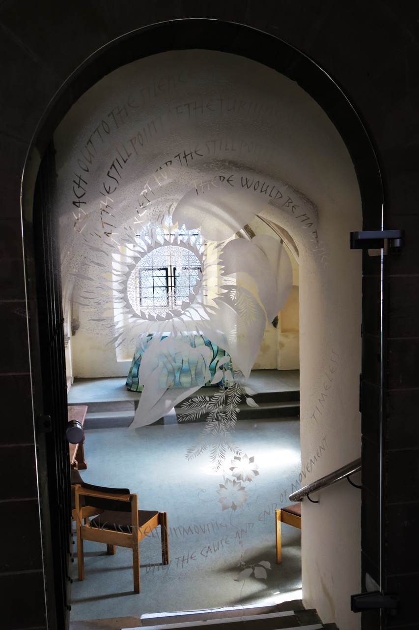 Glass door with quotation from T. S. Eliot’s “Four Quartets” (David Peace and Sally Scott, 1989)