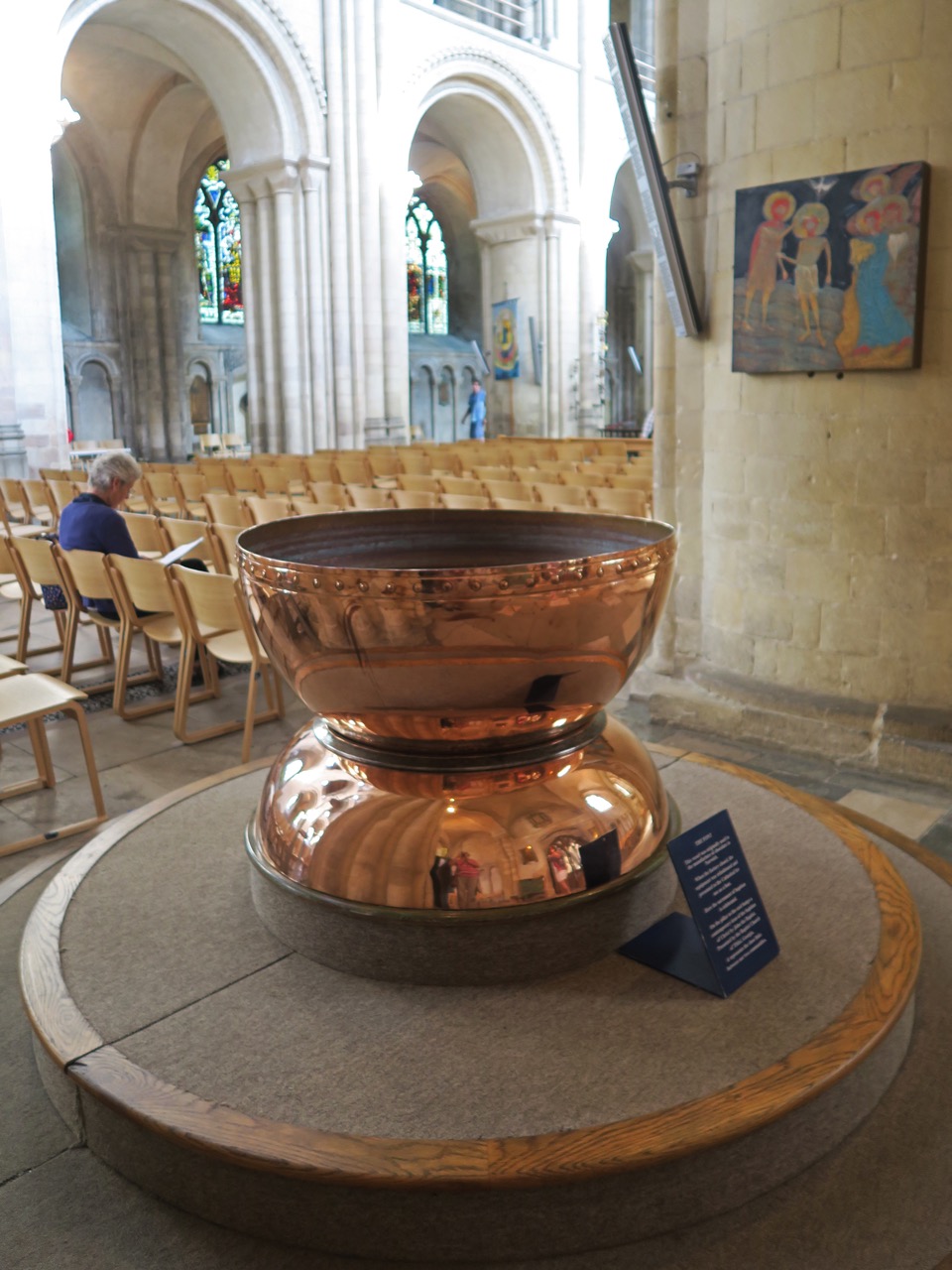 Baptismal font, made from a copper bowl from the former chocolate factory Rowntree (after 1994)
