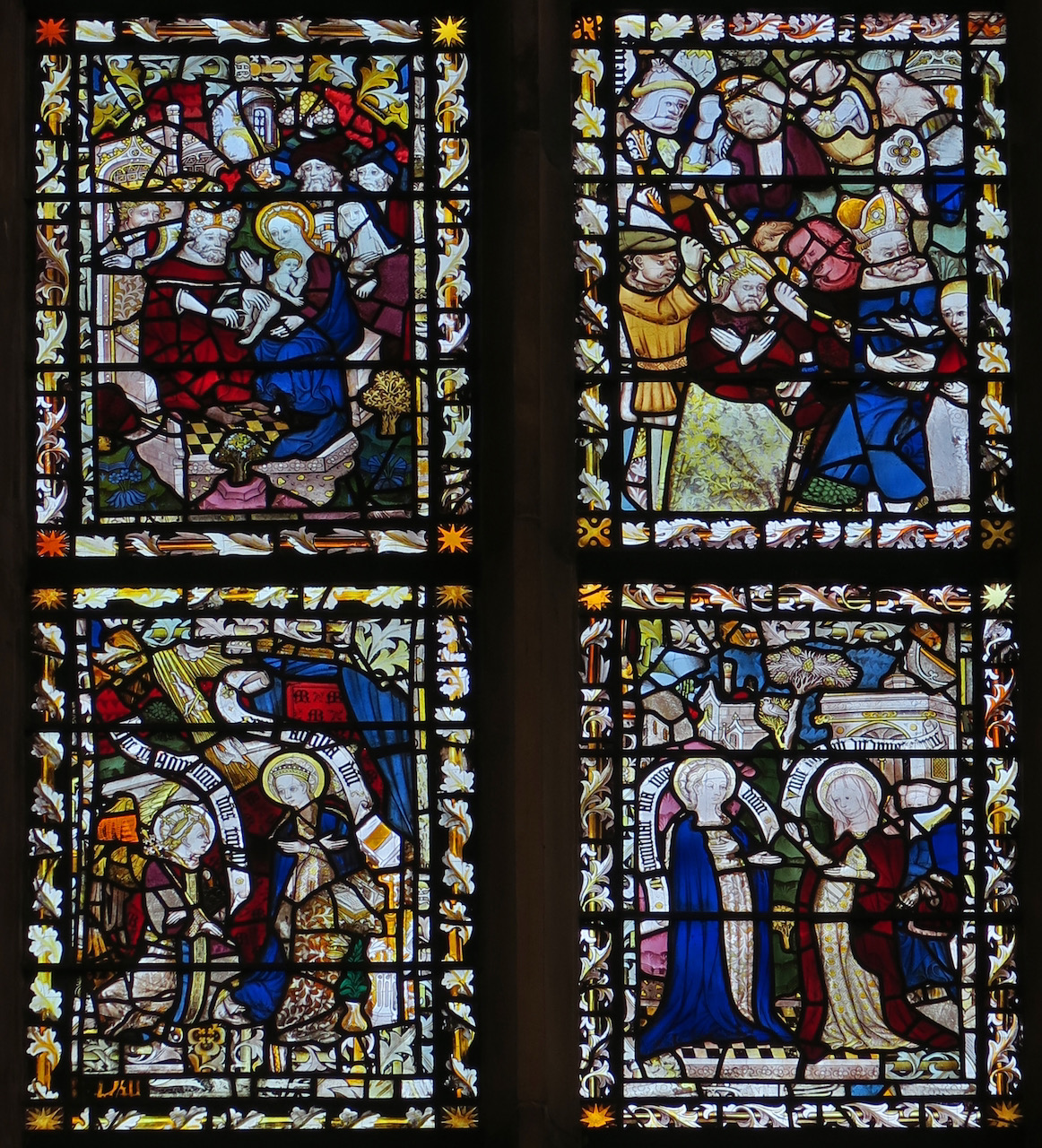 Chancel window (15th/16th c.), detail showing (from top left to bottom right) Jesus’s circumcision, Jesus’s flagellation, the annunciation, Mary visiting Elizabeth