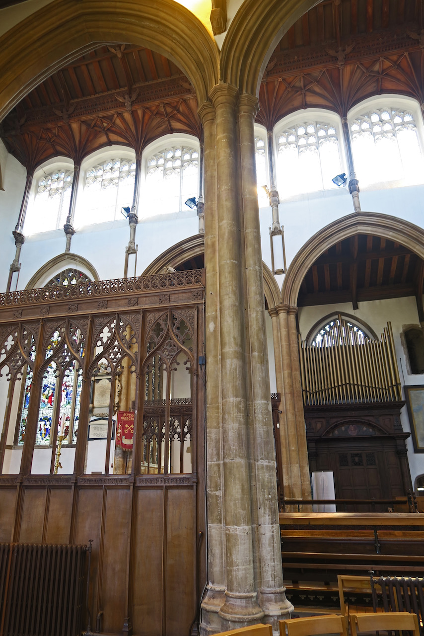 View into the south aisle with an early 18th c. organ case