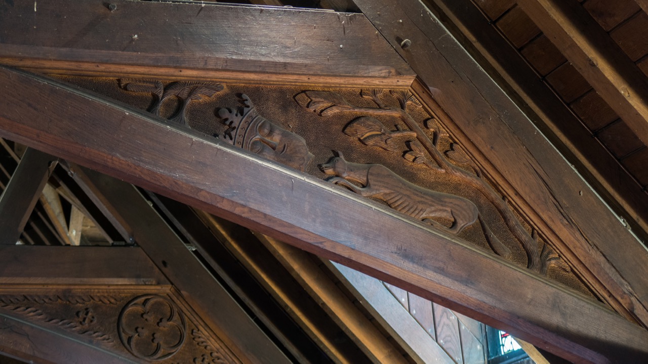 Roof beams, showing motifs of the St Edmund’s (“King and Martyr”) legend