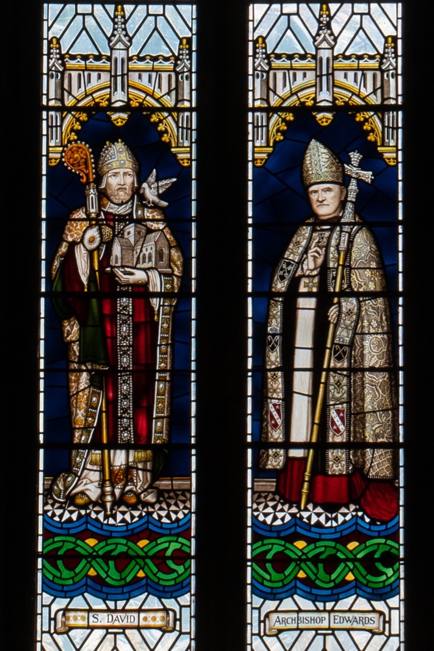 Stained glass window showing two bishops