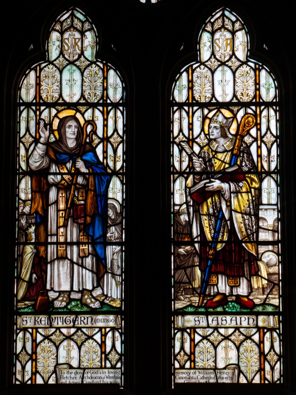 Stained glass window showing St Kentigern and St Asaph